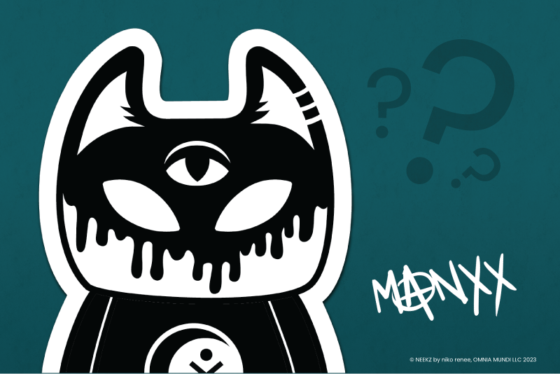 Image of Manxx, The Magician. A minimalistic black and white cartoonized cat on a teal background. Manxx has a melting face appearance, two empty eyes, a magical third eye, and two slits on their left ear.