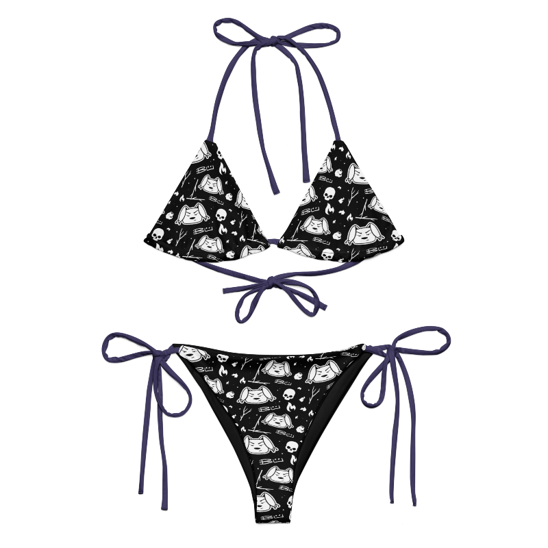 Two-piece string bikini featuring a Bu the Bully pattern with muted deep purple strings.