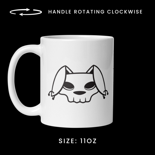 Rotating view of the 11oz mug from the Memento Mori collection, featuring Bu the Bully graphics.