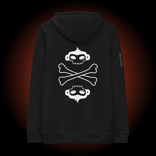 Back view of Freddie the Outlaw Memento Mori Collection adult hoodie in the color black. The white printed graphic is a skull version of Freddie's head, crossbones underneath, and an upside down version of the skull head below that.