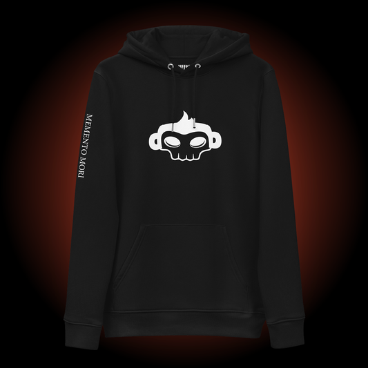 Front view of Freddie the Outlaw Memento Mori Collection adult hoodie in the color black. The white printed graphic is a skull version of Freddie's head, crossbones underneath, and an upside down version of the skull head below that.