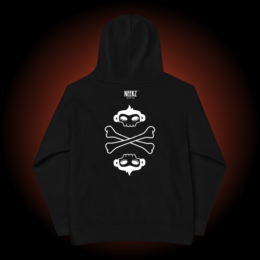 Freddie the Outlaw black kids hoodie, backside, with skull and crossbones graphic.