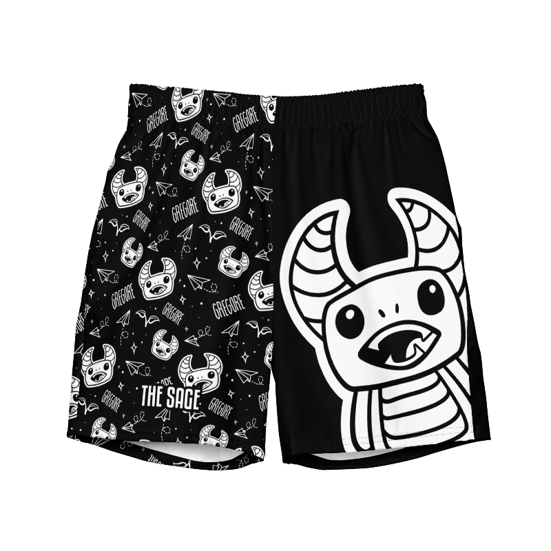 Black and White Swim Trunks featuring Gregore the sage (front view)