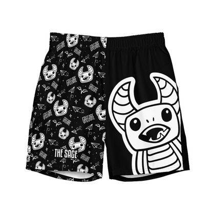 Black and White Swim Trunks featuring Gregore the sage (front view)