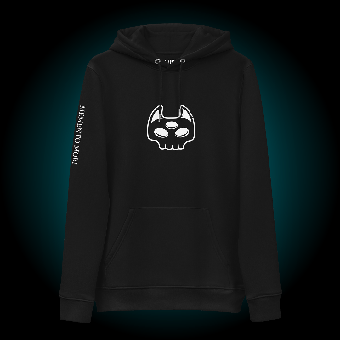 Front view of Manxx the Magician Memento Mori Collection adult hoodie in the color black. The white printed graphic is a skull version of Manxx's head.