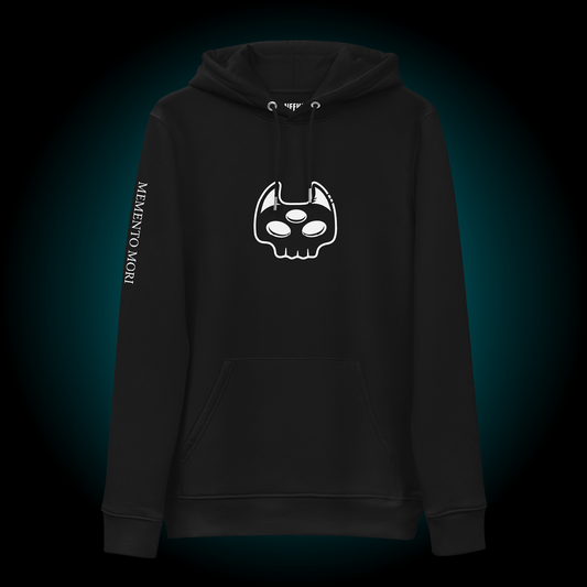 Front view of Manxx the Magician Memento Mori Collection adult hoodie in the color black. The white printed graphic is a skull version of Manxx's head.