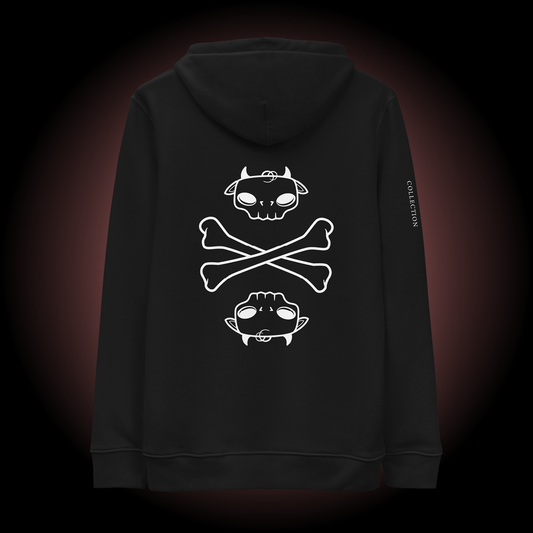 Back view of Tobi the Peacemaker Memento Mori Collection adult hoodie in the color black. The white printed graphic is a skull version of Tobi's head, crossbones underneath, and an upside down version of the skull head below that.