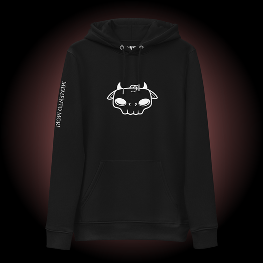 Front view of Tobi the Peacemaker Memento Mori Collection adult hoodie in the color black. The white printed graphic is a skull version of Tobi's head.