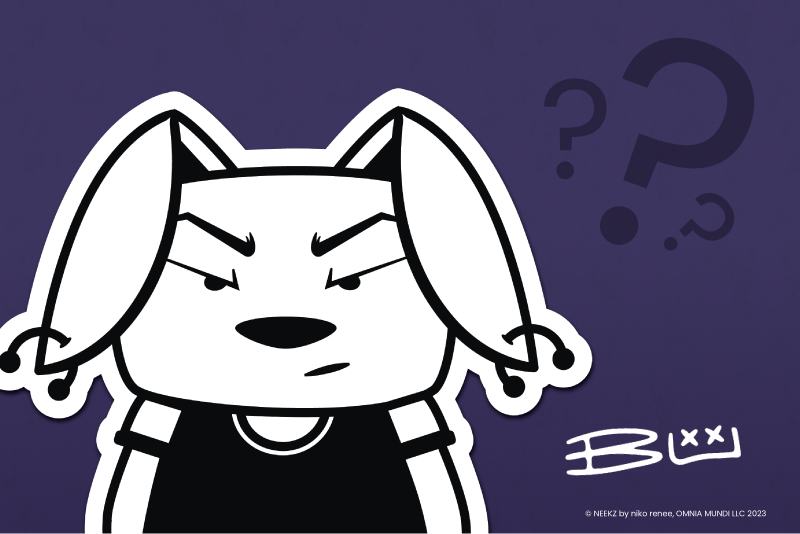 Image of Bu - The Bully. A minimalistic black and white cartoonized bunny with a serious face, down-turned brows, and floppy ears with piercings at the top of each ear. Bu is wearing a short sleeve black top with white sleeves.