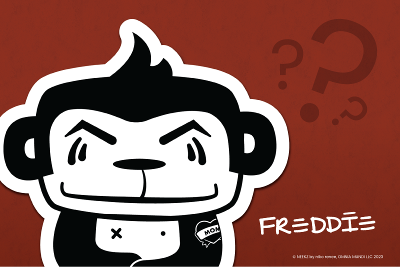 Image of Freddie, The Outlaw. A minimalistic black and white cartoonized mischievous monkey on burnt red-orange background. Freddie has two thick pieces of hair sticking up and a "mom" tattoo on their left arm.