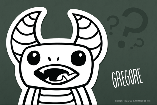 Image of Gregore, The Sage. A minimalistic black and white cartoonized dragon with large horns on a forest green background. Gregore has large eyes and a large smiling mouth showing his teeth and tongue.