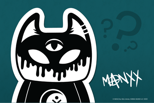 Image of Manxx, The Magician. A minimalistic black and white cartoonized cat on a teal background. Manxx has a melting face appearance, two empty eyes, a magical third eye, and two slits on their left ear.