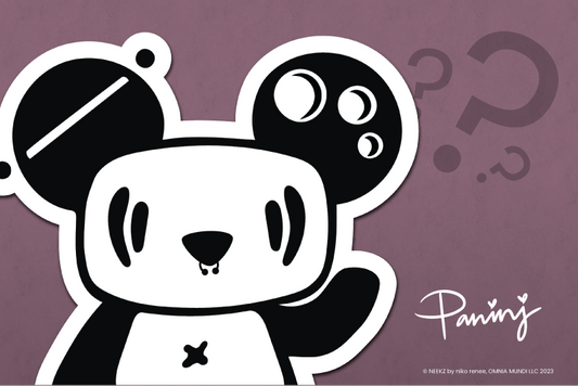 Image of Paninj, The Creator. A minimalistic black and white cartoonized panda on a lavender background. Paninj has multiple piercings, with three large gauges on their large left ear, an industrial bar on their right ear, and a septum ring on their nose.