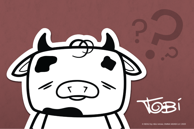 Image of Tobi - The Strategist. A minimalistic black and white cartoonized sleepy cow on a mauve pink background. Tobi has sleepy eyes, two strands of hair, and a toast-shaped birthmark on the left side of their head.