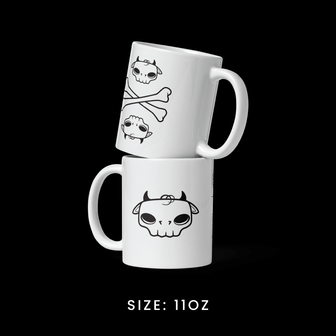 Stacked view of the 11oz mug from the Memento Mori collection, featuring Tobi the Peacemaker graphics.