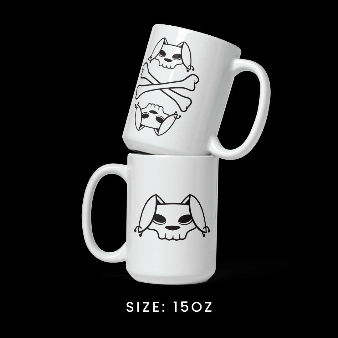 Stacked view of the 15oz mug from the Memento Mori collection, featuring Bu the Bully graphics.