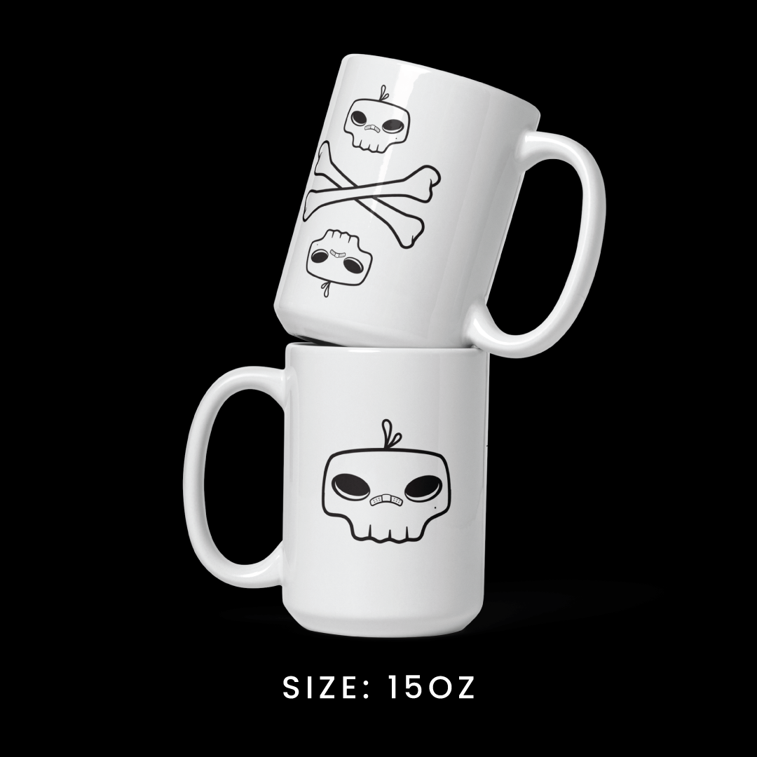Stacked view of the 15oz mug from the Memento Mori collection, featuring Markoh the Strategist graphics.
