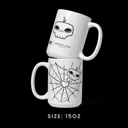 Stacked view of the 15oz mug from the Memento Mori collection, featuring Markoh the Strategist graphics.