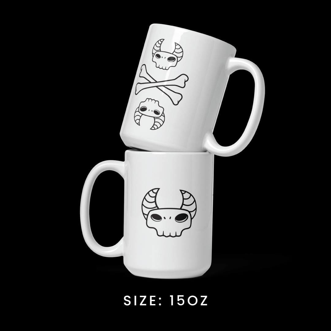 Stacked view of the 15oz mug from the Memento Mori collection, featuring Gregore the Sage graphics.