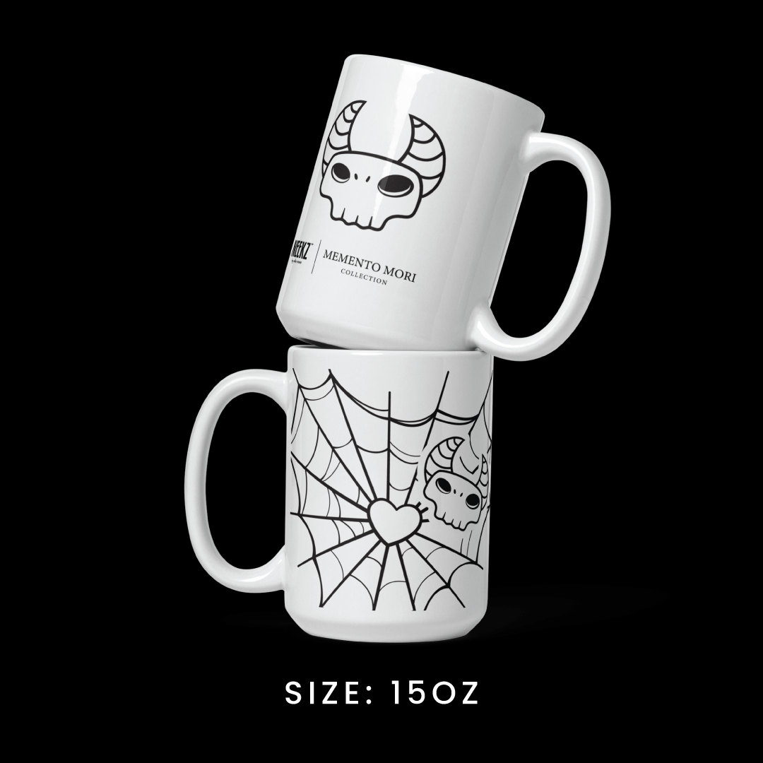 Stacked view of the 15oz mug from the Memento Mori collection, featuring Gregore the Sage graphics.