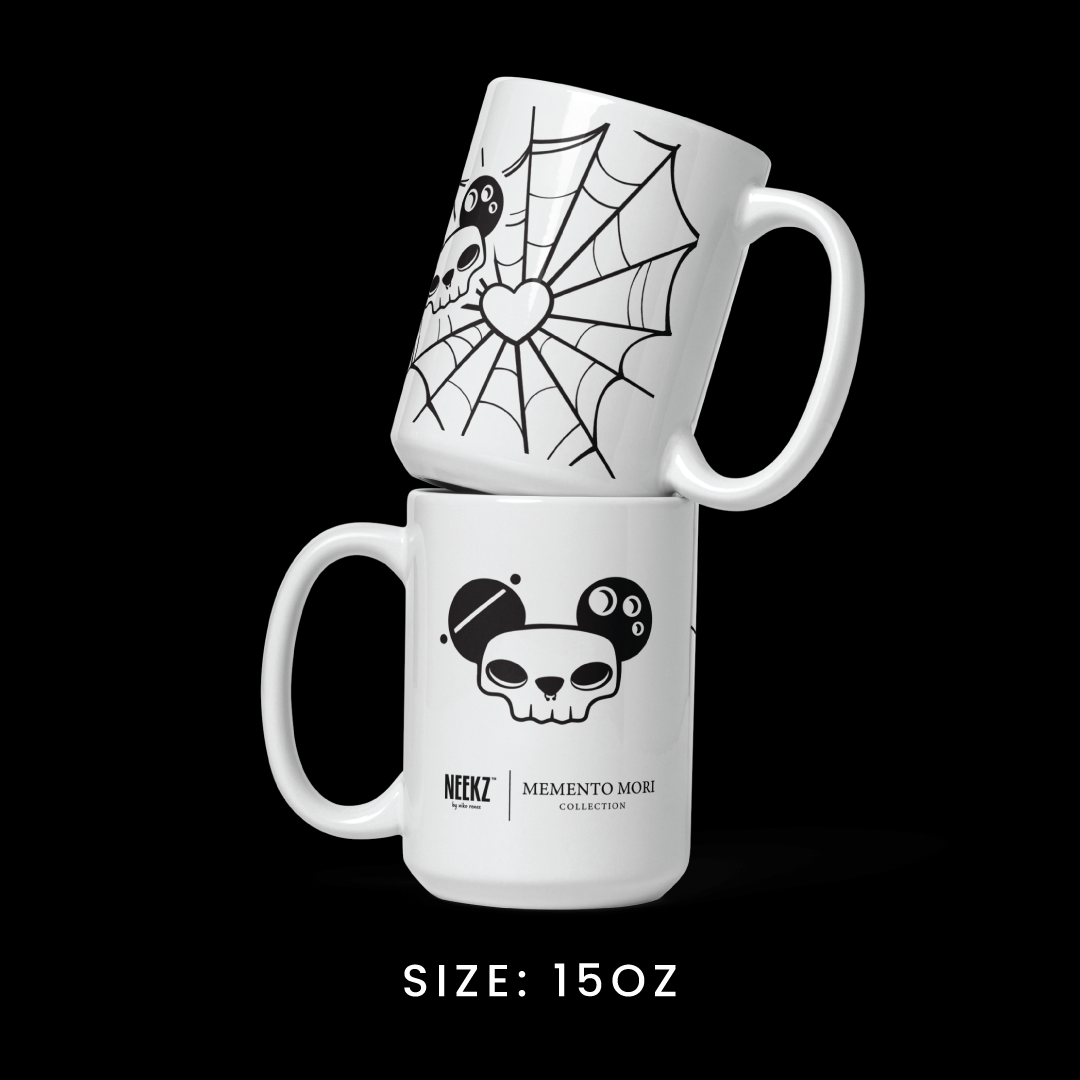 Stacked view of the 15oz mug from the Memento Mori collection, featuring Paninj the Creator graphics.