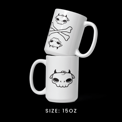 Stacked view of the 15oz mug from the Memento Mori collection, featuring Tobi the Peacemaker graphics.