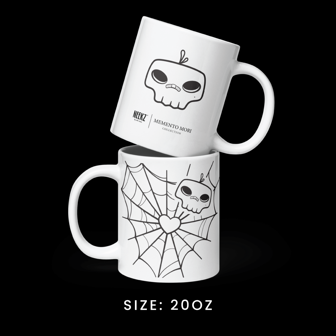 Stacked view of the 20oz mug from the Memento Mori collection, featuring Markoh the Strategist graphics.