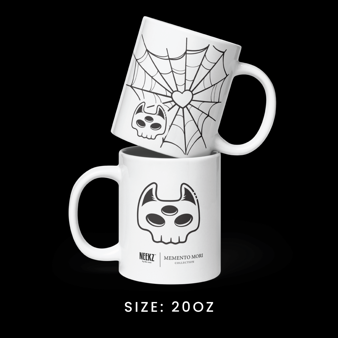 Stacked view of the 20oz mug from the Memento Mori collection, featuring Manxx the Magician graphics.