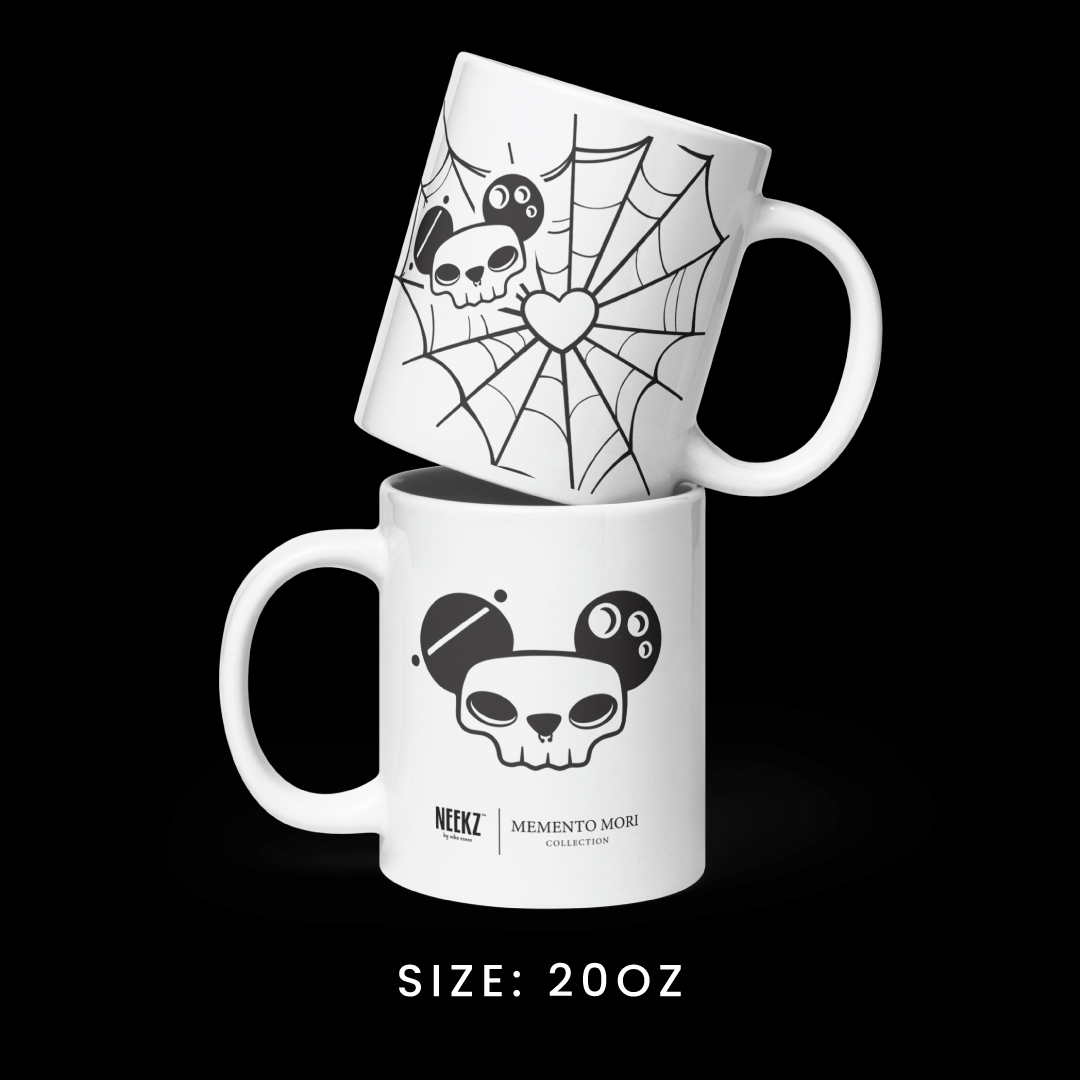 Stacked view of the 20oz mug from the Memento Mori collection, featuring Paninj the Creator graphics.