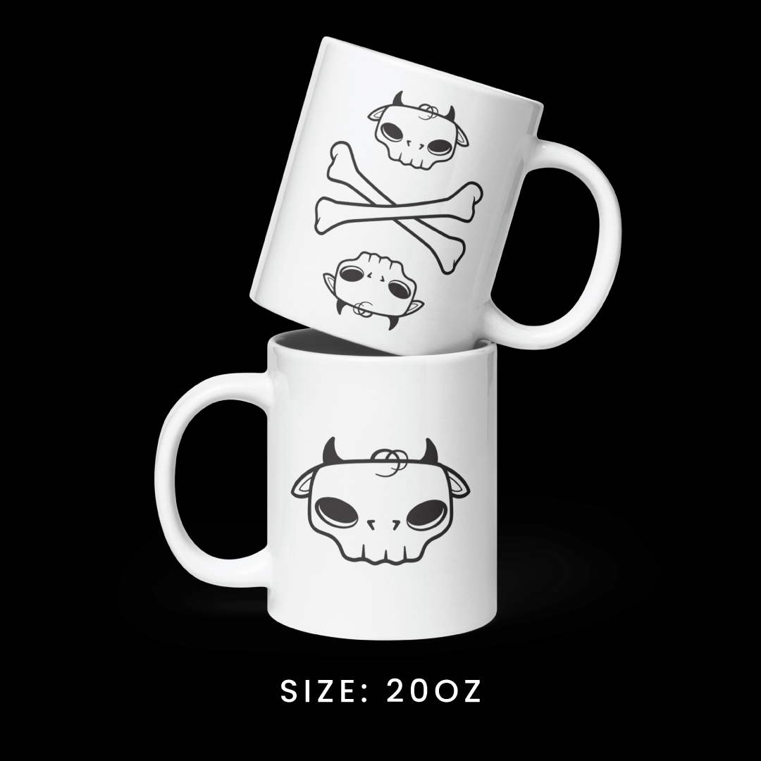 Stacked view of the 20oz mug from the Memento Mori collection, featuring Tobi the Peacemaker graphics.