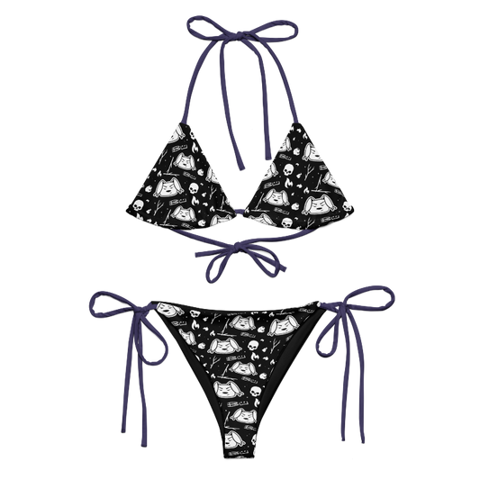 Two-piece string bikini featuring a Bu the Bully pattern with muted deep purple strings.