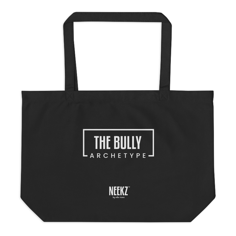 Jumbo black tote bag with white "The Bully Archetype" imprinted on the back.