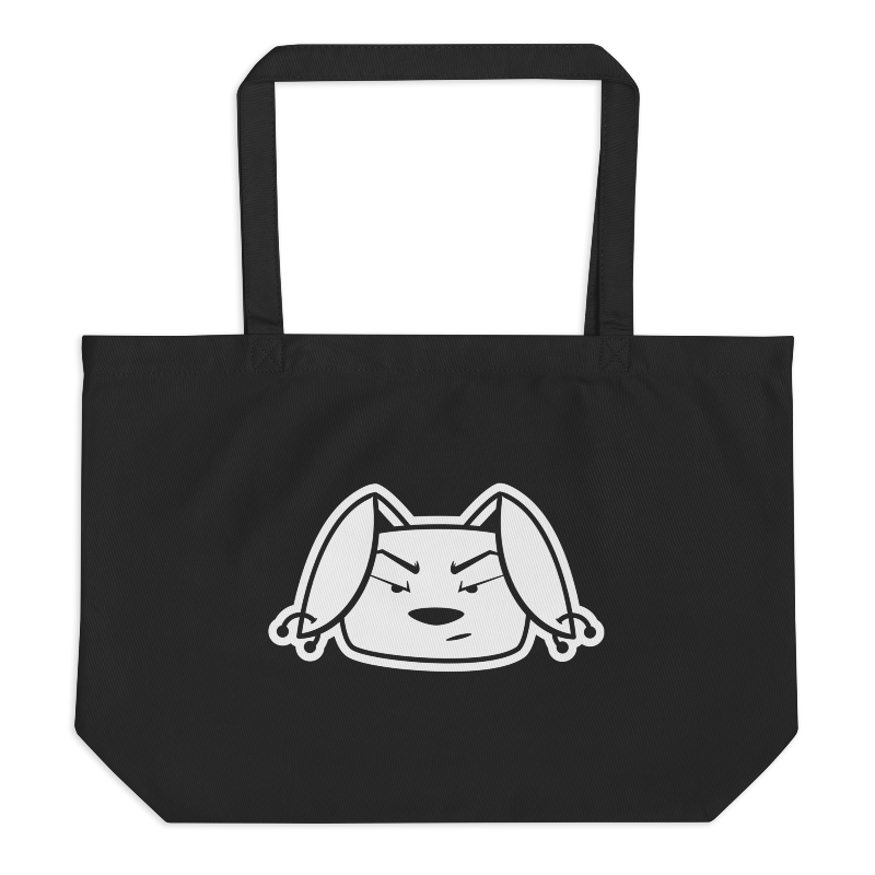 Jumbo black tote bag with white Bu the Bully head imprinted on the front.