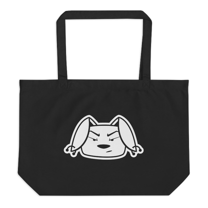 Jumbo black tote bag with white Bu the Bully head imprinted on the front.