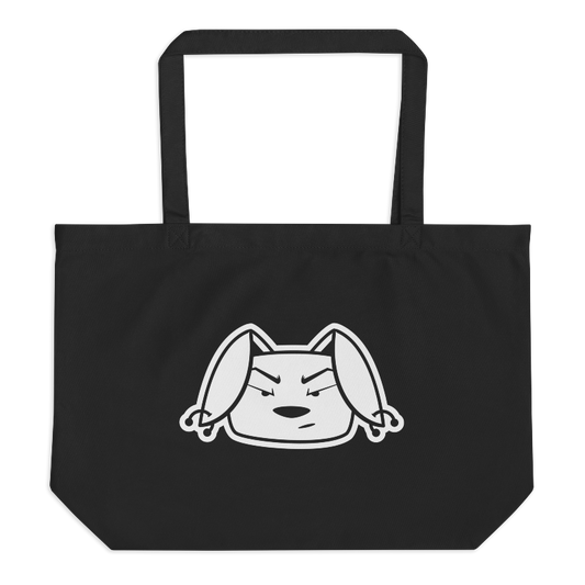 Jumbo black tote bag with white Bu the Bully head imprinted on the front.