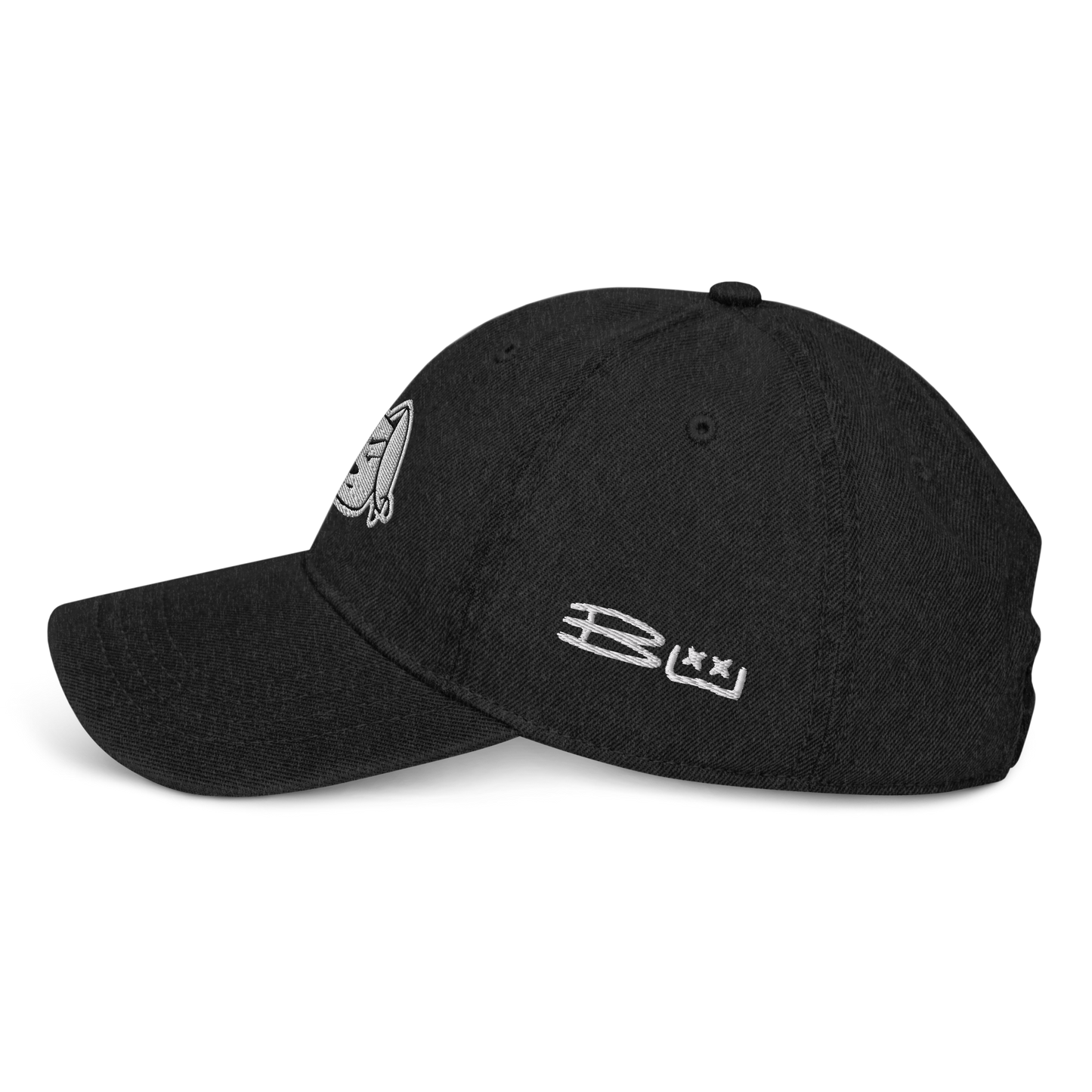 Bu the Bully signature denim hat, left side view.