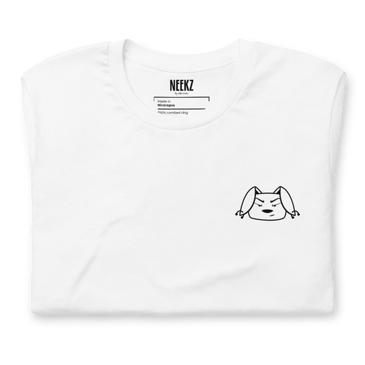 Folded white tee with NEEKZ by niko renee characyer, Bu the Bully, printed on the left chest area in black.