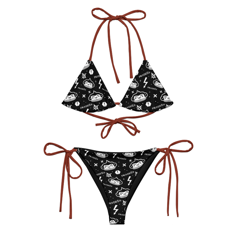 Two-piece string bikini featuring a Freddie the Outlaw pattern with Burnt Red-Orange strings.