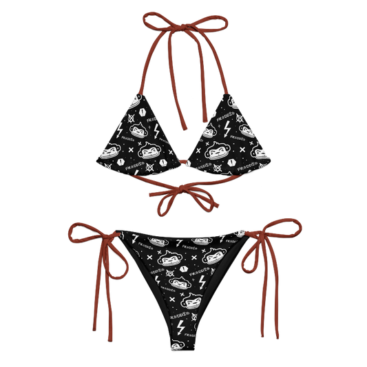 Two-piece string bikini featuring a Freddie the Outlaw pattern with Burnt Red-Orange strings.