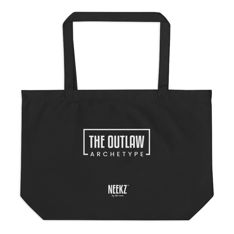 Jumbo black tote bag with white "The Outlaw Archetype" imprinted on the back.