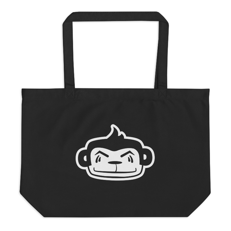 Jumbo black tote bag with white Freddie the Outlaw head imprinted on the front.