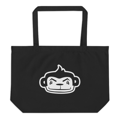 Jumbo black tote bag with white Freddie the Outlaw head imprinted on the front.