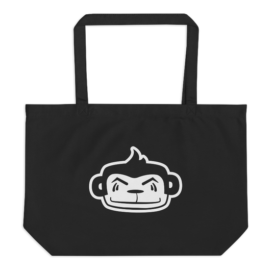 Jumbo black tote bag with white Freddie the Outlaw head imprinted on the front.