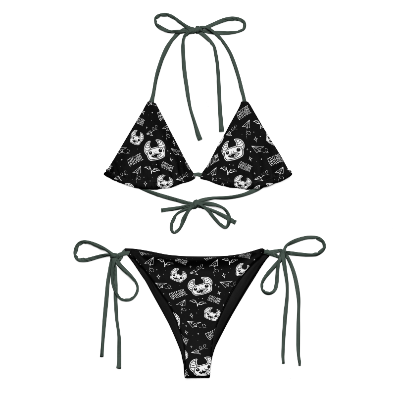 Two-piece string bikini featuring a Gregore the Sage pattern with sage green strings.