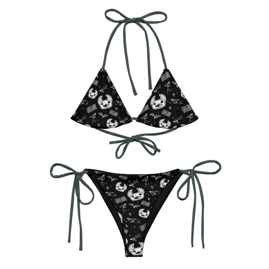 Two-piece string bikini featuring a Gregore the Sage pattern with sage green strings.