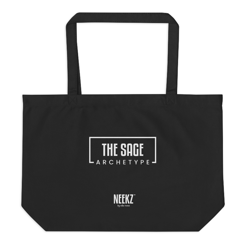 Jumbo black tote bag with white "The Sage Archetype" text imprinted on the back.