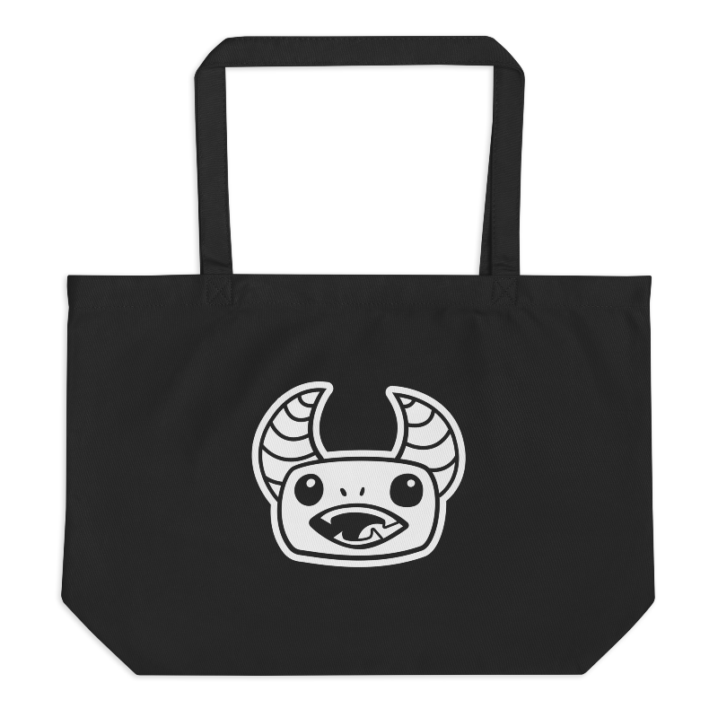 Jumbo black tote bag with white Gregore the Sage head imprinted on the front.