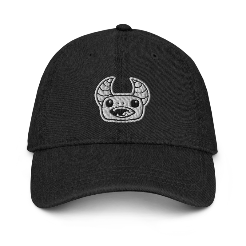 Front view of Gregore denim hat featuring Gregore's head embroidered directly centered.