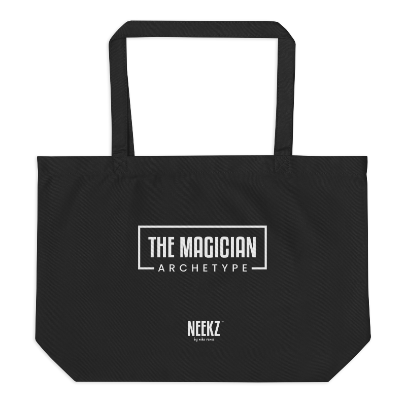 Jumbo black tote bag with white "The Magician Archetype" text imprinted on the back.