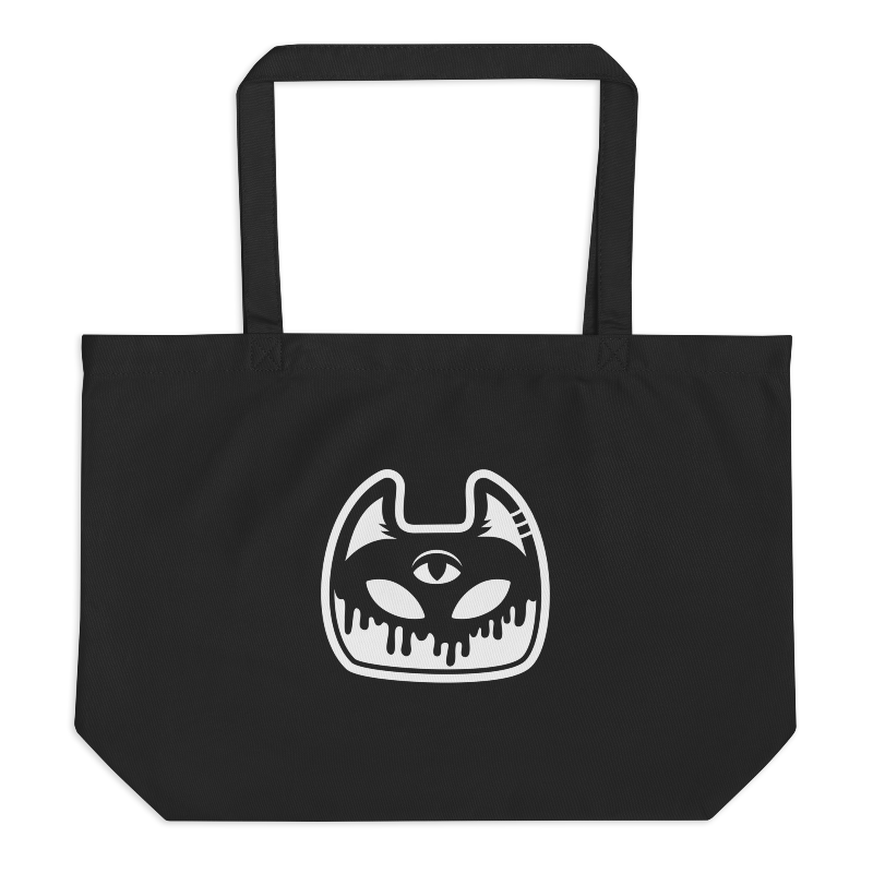 Jumbo black tote bag with white Manxx the Magician head imprinted on the front.